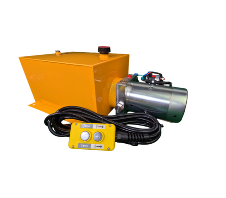 DLH 12V Single-Acting Hydraulic Pump with Steel Reservoir, featuring yellow machine, control panel, and metal cylinder, ideal for dump bed trailers and trucks.