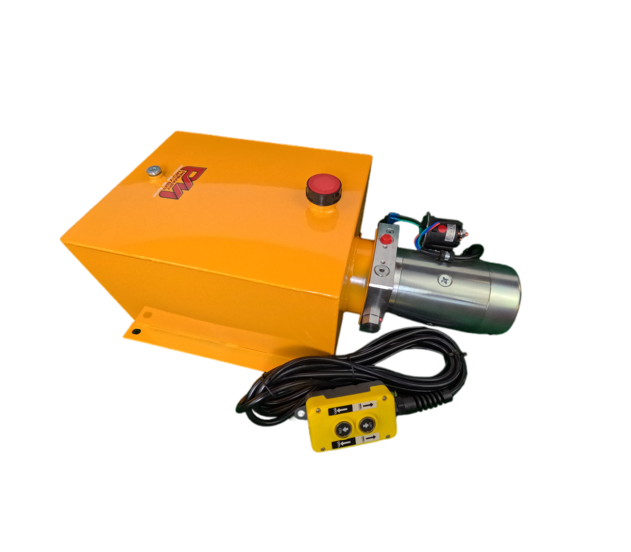 Single-acting DLH 12V hydraulic pump with steel reservoir, featuring red button, black cables, and buttons. Ideal for dump bed trailers and trucks, offering reliable, efficient, and durable performance.