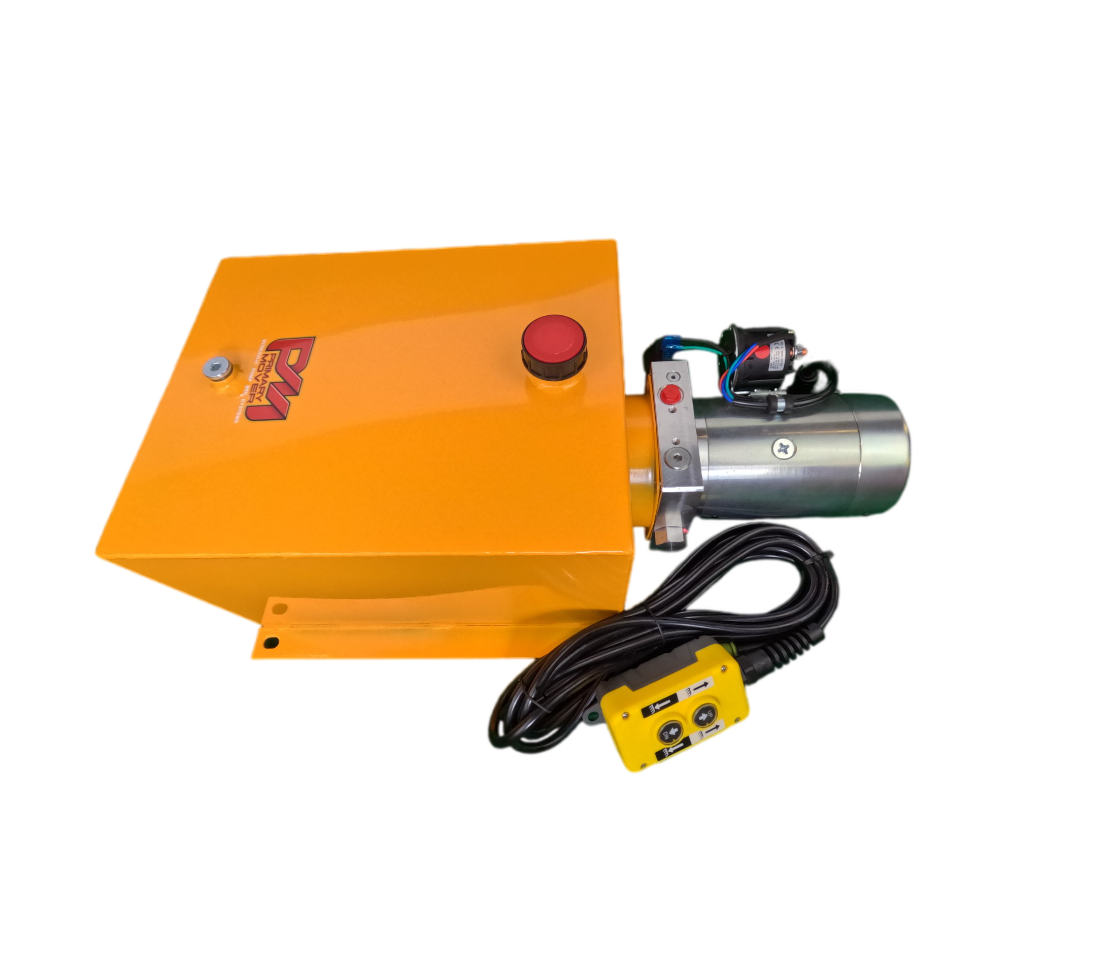 Single-acting DLH 12V hydraulic pump with steel reservoir, featuring a red button, wires, and buttons. Enhance dump bed operations with reliable, efficient, and durable hydraulic power.