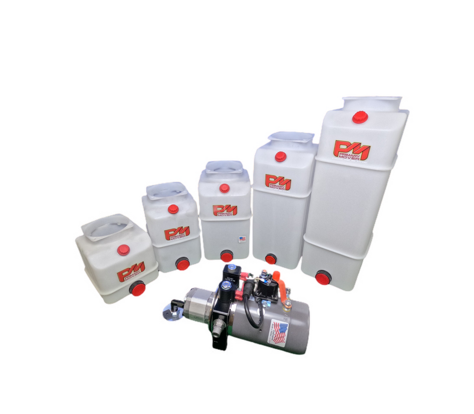KTI 12V Single-Acting Hydraulic Pump - Poly Reservoir: White plastic containers with red lids, logo, text, and buttons, optimized for dump bed systems, single-acting powerhouse, compact design, durable construction, easy installation.