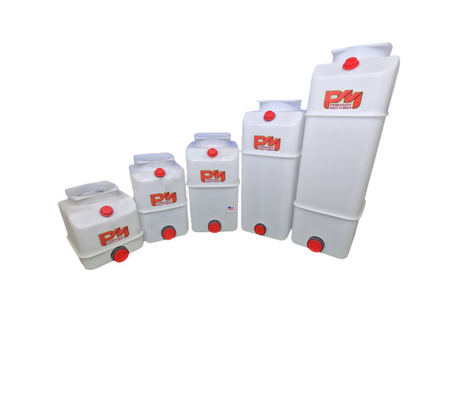 DLH 12V Single-Acting Hydraulic Pump - Poly Reservoir: White containers with red lids, knobs, and logo. Efficient, durable, and versatile for hydraulic systems like dump bed trailers and trucks.