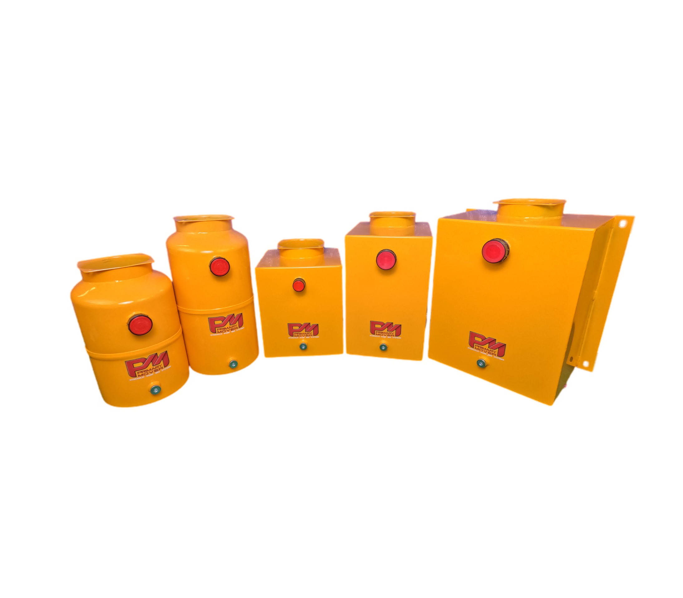 DLH 12V Single-Acting Hydraulic Pump with Steel Reservoir, featuring a yellow cylinder with a red button, ideal for dump bed trailers and trucks. Durable, efficient, and versatile for enhanced hydraulic operations.