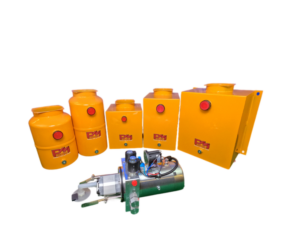 DLH 12V Double-Acting Hydraulic Pump - Steel Reservoir: A group of yellow containers with a machine, a yellow cylinder with a red button, and a close-up of a button.