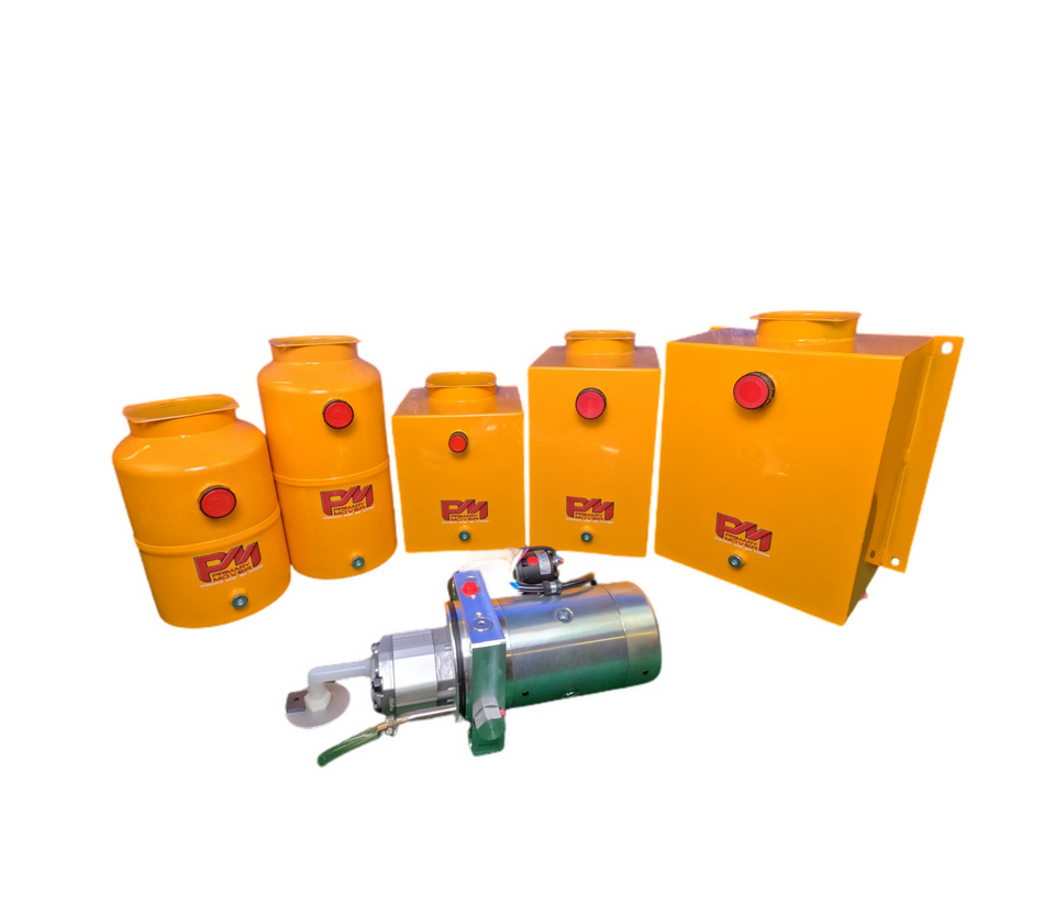 A group of yellow containers and machines with red buttons, showcasing the DLH 12V Single-Acting Hydraulic Pump - Steel Reservoir for efficient hydraulic power in various applications.