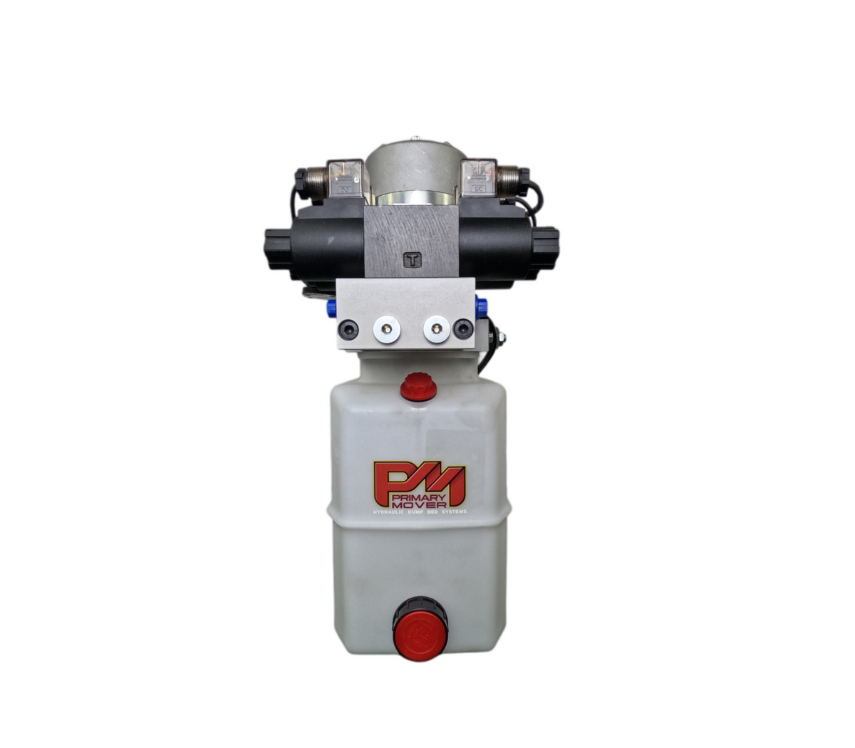 Primary Mover 12V Dual Double-Acting Hydraulic Power Unit | PFP-DD06P: Compact, powerful unit for dump trailers and trucks, enabling four hydraulic actions simultaneously.