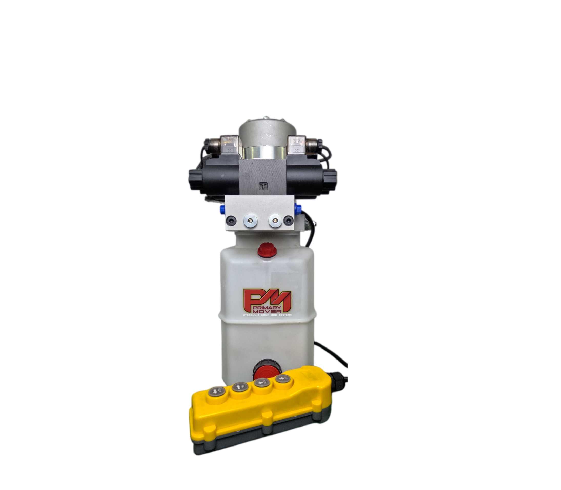 Compact Dual Double Hydraulic Power Unit for dump trailers and trucks, featuring quad power capability for versatile hydraulic operations. Built for efficiency and reliability by PrimaryMover.com.
