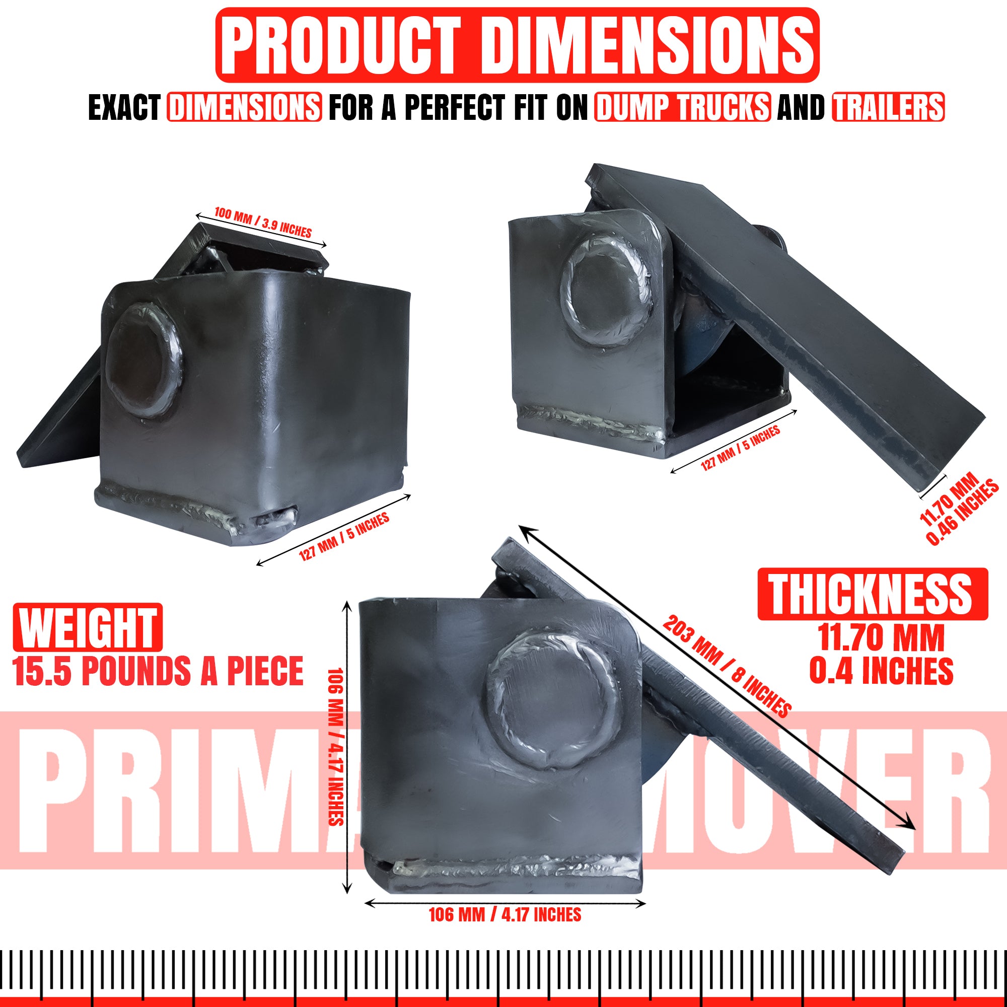 Title: Heavy Duty 2Pcs Dump Truck Trailer Body Hinges

Meta Description: Explore Prime Mover's Heavy Duty Hinges for dump trucks and trailers, showcasing precise dimensions for reliable installation and unmatched durability.

Alt Text: Heavy Duty dump trailer hinges with detailed dimensions, including front, side, and isometric views.