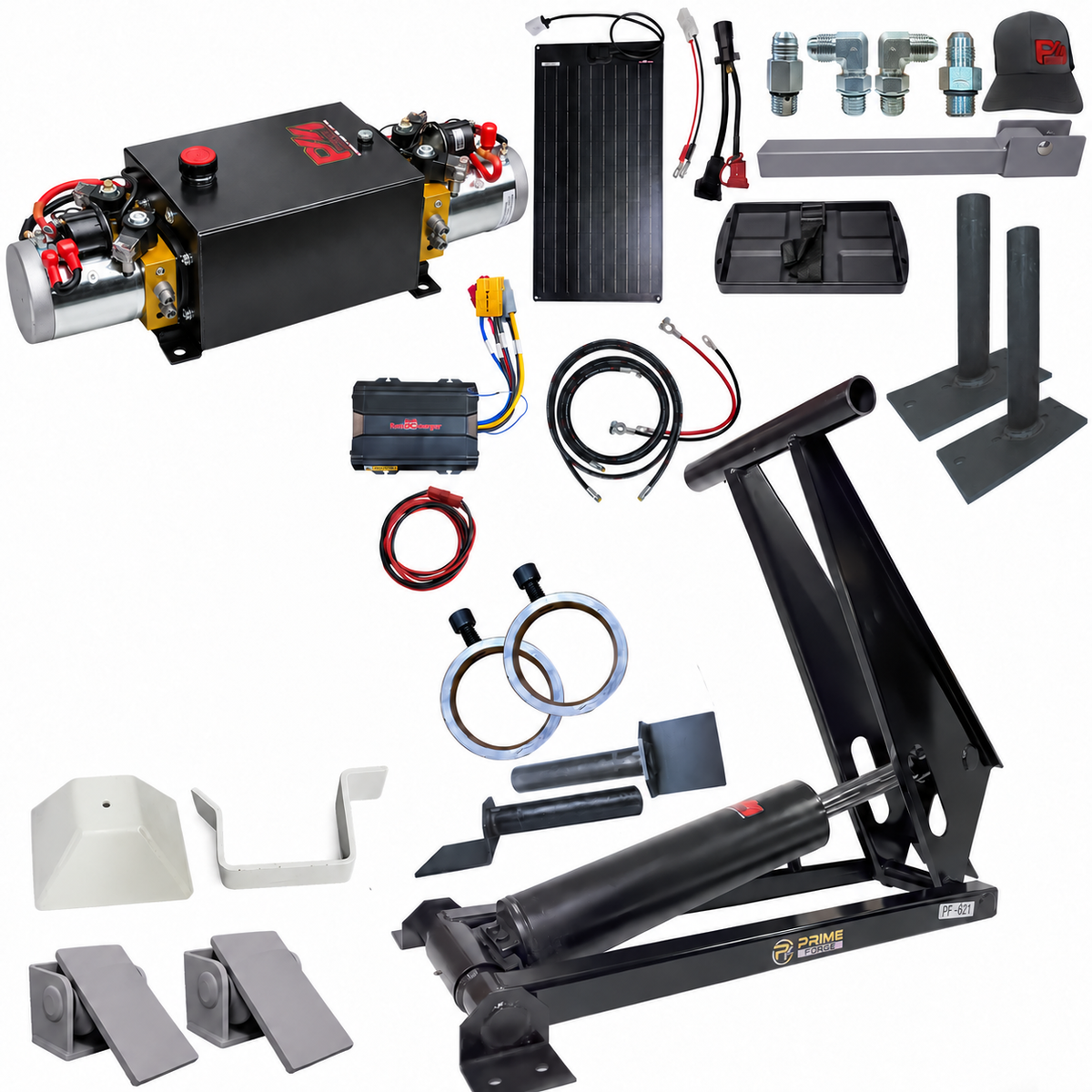 Prime Forge hydraulic kit with a pump unit, lifting cylinder, control module, mounting hardware, and hoses.