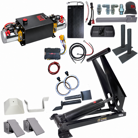 Prime Forge hydraulic kit with a pump unit, lifting cylinder, control module, mounting hardware, and hoses.
