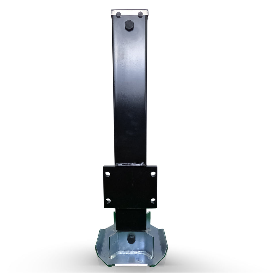 A black metal post with a square base and a rectangular object with holes, embodying the 12k Hydraulic Trailer Jack's robust design for effortless towing.