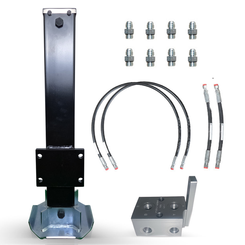 12K Single Hydraulic Trailer Jack Add-On Kit with hydraulic components, metal parts, hoses, and a black rectangular object with clear elements.