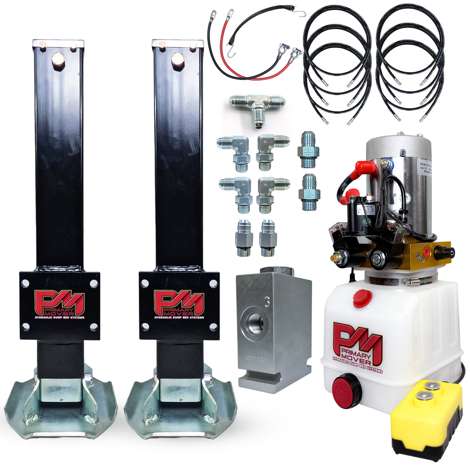 24k Double Hydraulic Trailer Jack Leg Kit, featuring a black rectangular jack with white dots and a yellow control device, designed for heavy-duty lifting.