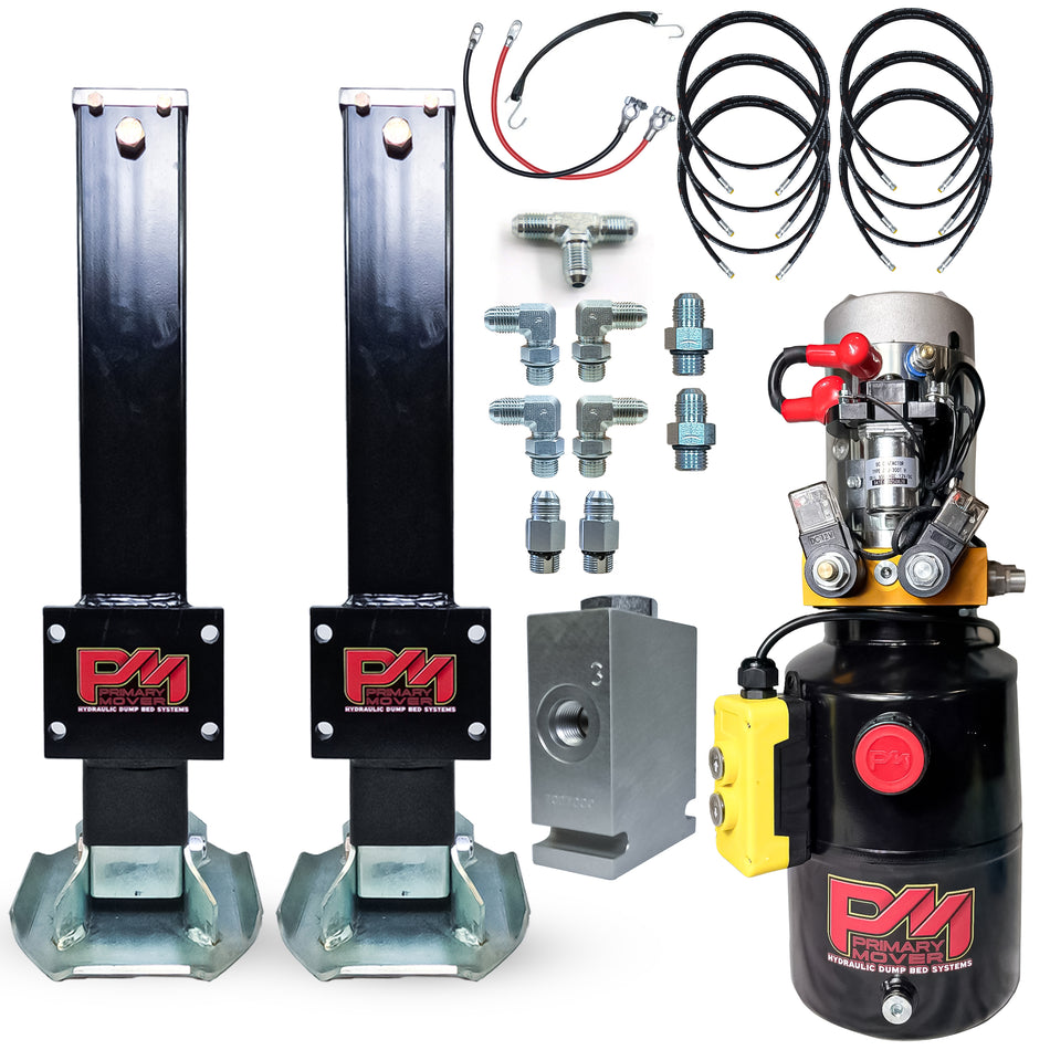 24k Double Hydraulic Trailer Jack Leg Kit, featuring two jacks, electric-hydraulic power unit, manifold, hydraulic hoses, wiring harness, fittings, and adapters for efficient lifting.