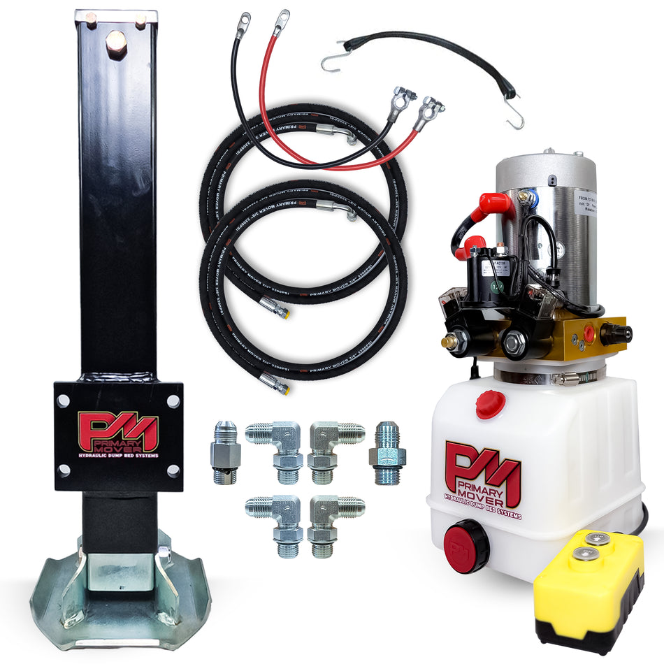 Primary Mover 12K Hydraulic Trailer Jack Kit, featuring a robust design with a yellow and black control unit and white dot accents, for heavy-duty towing.