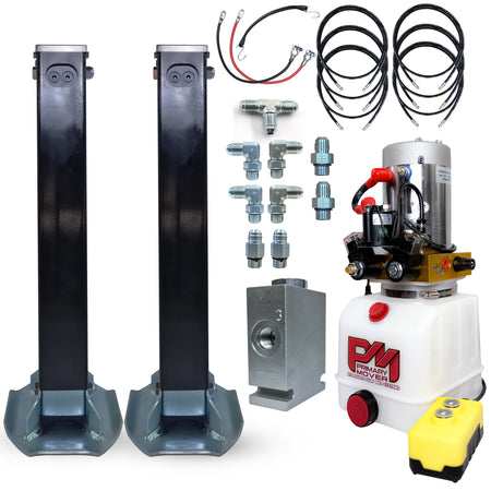 24k Double Hydraulic Trailer Jack Leg Kit Weld On or Bolt On shown as a yellow and black device with buttons, offering 24,000-pound lifting capacity.