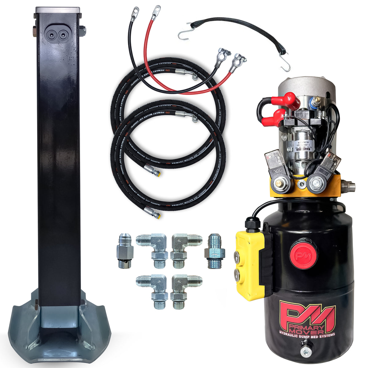 12k Single Hydraulic Trailer Jack Leg Kit Weld On or Bolt On with power unit, hoses, fittings, and mounting bracket for efficient lifting and secure installation.