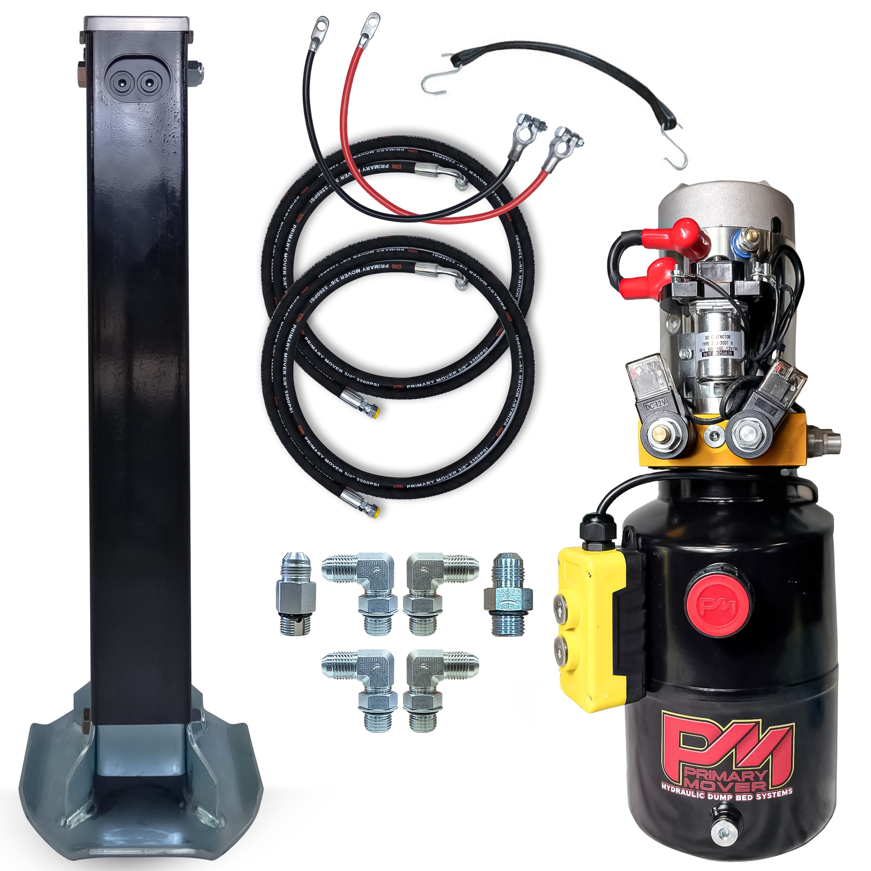 12k Single Hydraulic Trailer Jack Leg Kit Weld On or Bolt On with power unit, hoses, fittings, and mounting bracket for efficient lifting and secure installation.