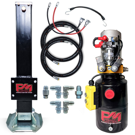 12K Single Hydraulic Trailer Jack Leg Kit includes power unit, ram-foot, hoses, fittings, and strap for bolt-on or weld-on installation under a truck bed.