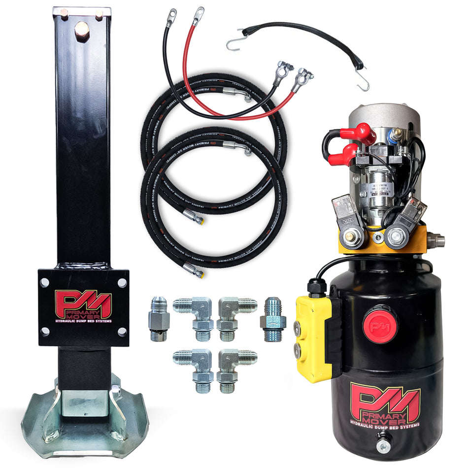 12K Single Hydraulic Trailer Jack Leg Kit includes power unit, ram-foot, hoses, fittings, and strap for bolt-on or weld-on installation under a truck bed.