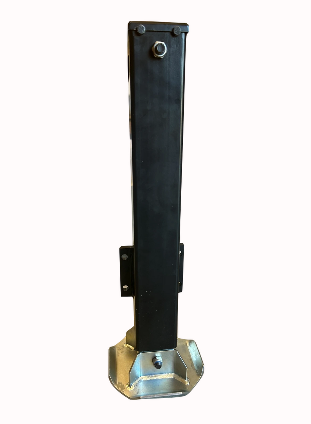 Alt text: Double Hydraulic Trailer Jack Add-On Kit featuring a black metal pole with a bolt, sturdy design, powerful hydraulic system, dual holding valve, and zinc-plated components for towing reliability.