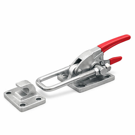 **Title:** 7,000 LB Heavy-Duty Locking Latch for Trailers

**Meta Description:** Discover the 7,000 lb heavy-duty locking latch, designed for tilt deck trailers. Secure, durable, and perfect for heavy equipment applications.

**Alt Text:** Two-piece toggle latch with red lever handle, designed for 7,000 lb holding capacity on tilt deck trailers.