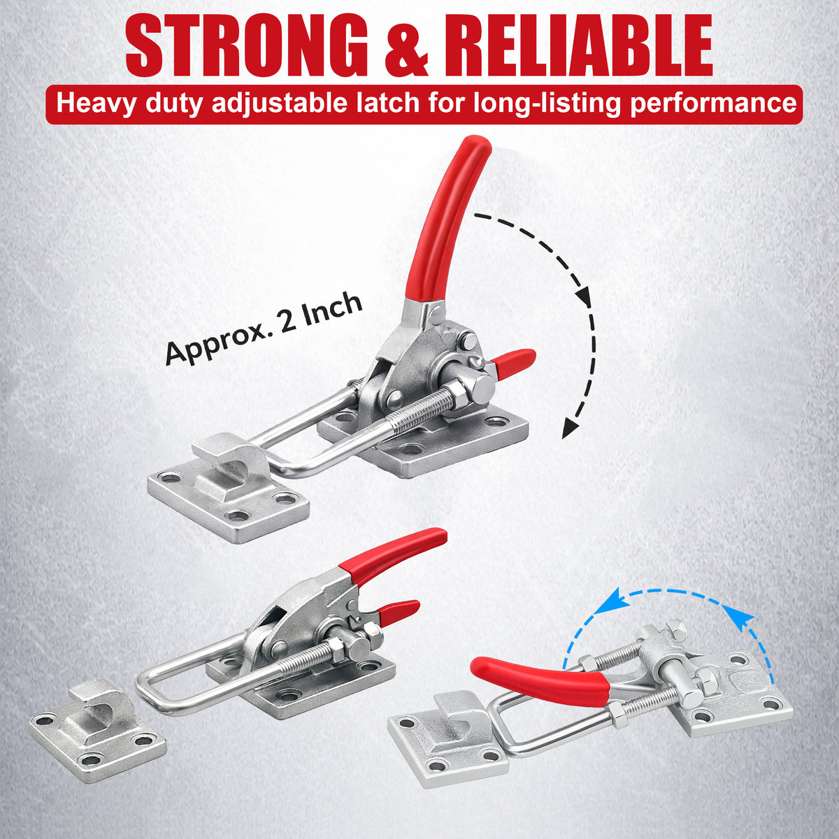 **Title:** 7,000 LB Heavy-Duty Locking Latch for Trailers

**Meta Description:** Discover the 7,000 LB Heavy-Duty Locking Latch, designed for extreme holding power and durability on tilt deck and equipment trailers.

**Alt Text:** Adjustable toggle latch with red handle, shown in open, closed, and mid-stroke positions, highlighting its heavy-duty construction for trailer applications.