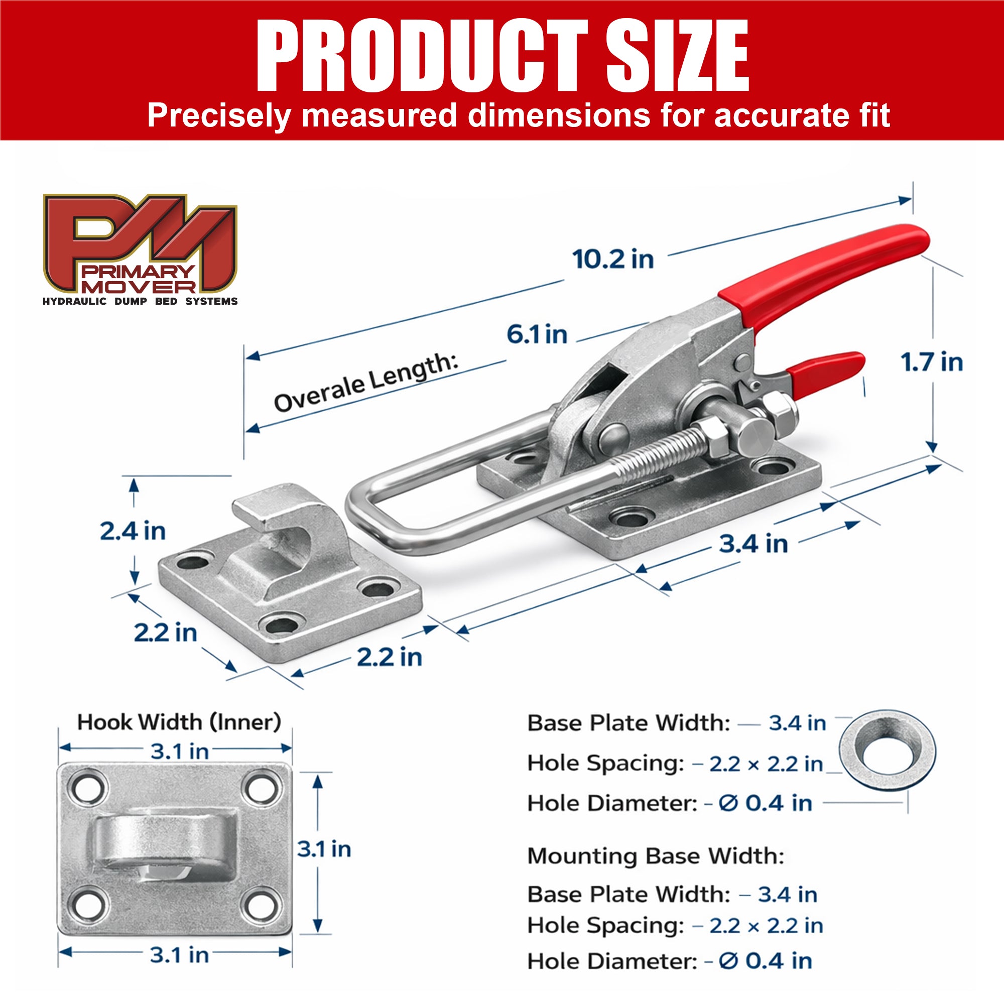 **Title:** 7,000 LB Heavy-Duty Locking Latch - Primary Mover

**Meta Description:** Discover the Primary Mover 7,000 LB Heavy-Duty Locking Latch, designed for secure trailer transport with superior holding strength and rust-resistant durability.

**Alt Text:** Dimensional drawing of 7,000 LB Heavy-Duty Locking Latch with measurements for precise installation.