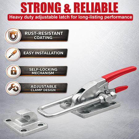 **Title:** Heavy-Duty 7,000 LB Locking Latch for Trailers

**Meta Description:** Discover the Primary Mover 7,000 lb locking latch featuring extreme holding power and rust-resistant coating, perfect for tilt deck and equipment trailers.

**Alt Text:** Heavy-duty adjustable latch clamp with red handle, rust-resistant coating, and self-locking mechanism for trailers.