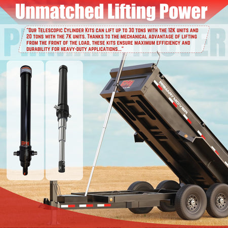 Telescopic Dump Trailer Cylinder Kit - 20 Ton Capacity - 90\ Stroke - Fits 10-12' Dump Body | EF-07-90, shown on a trailer with a large cylinder.