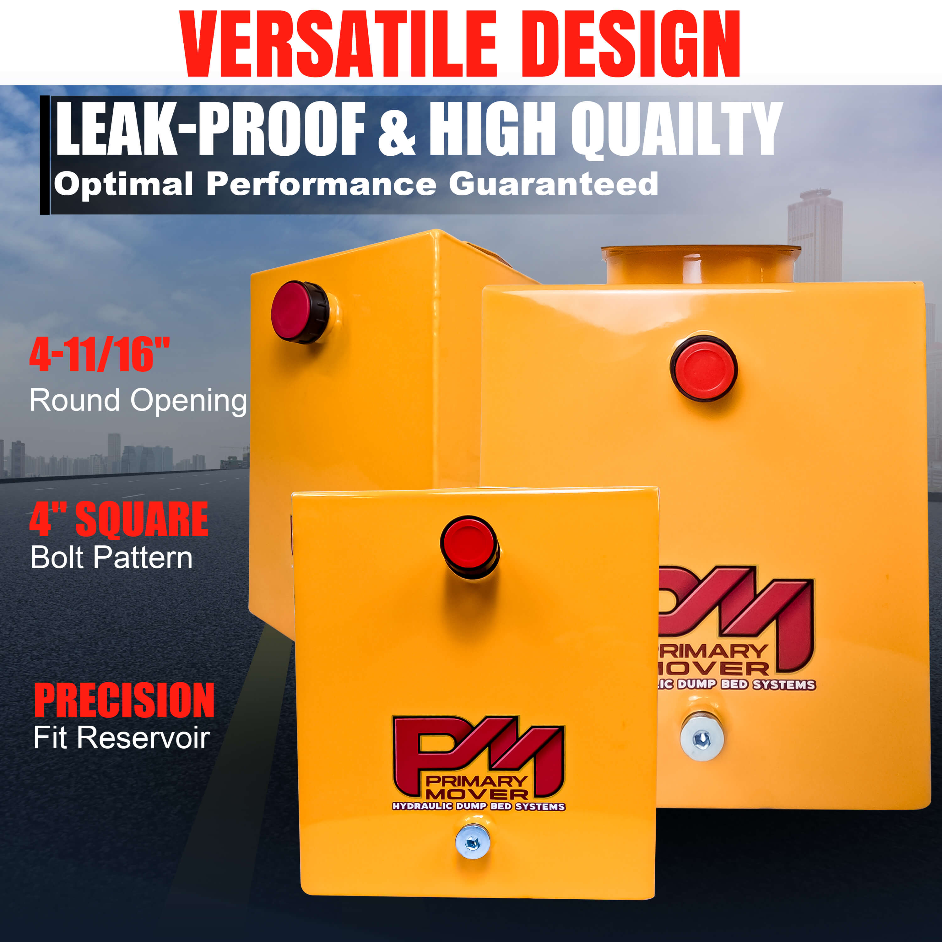 15 Quart Metal Square Hydraulic Reservoir Tank with 4-11/16 round opening and 4 square bolt pattern for precise fitment. Durable steel construction for versatile hydraulic system compatibility. Plug and breather caps included.