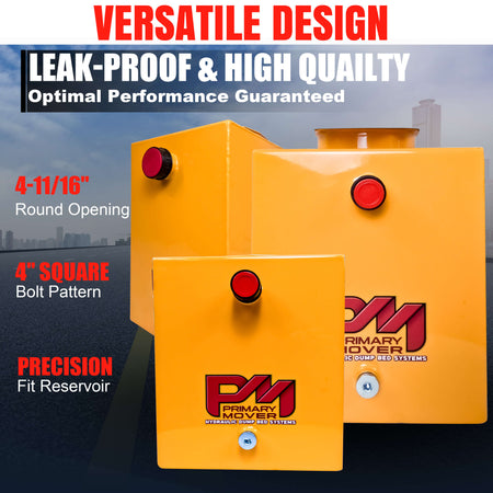 15 Quart Metal Square Hydraulic Reservoir Tank with 4-11/16 round opening and 4 square bolt pattern for precise fitment. Durable steel construction for versatile hydraulic system compatibility. Plug and breather caps included.