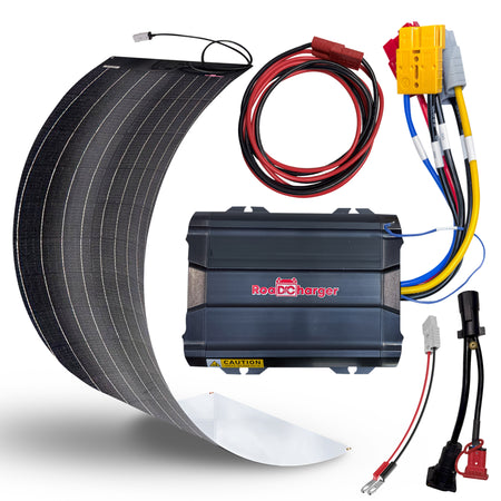 **Title:** RoaDCharger Auxiliary Battery Charger with 7-Way Connector

**Meta Description:** Discover the RoaDCharger, a smart auxiliary battery charger with a 7-way connector and 33-watt solar panel, perfect for maintaining trailer batteries efficiently.

**Alt Text:** RoaDCharger kit with flexible solar panel, charge controller, DC power cables, and adapter harness for battery charging.