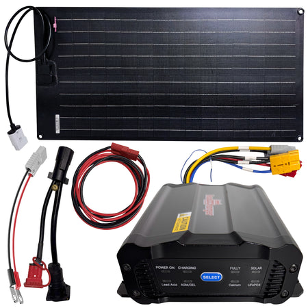**Title:** RoadCharger Auxiliary Battery Charger with 7-Way Connector

**Alt Text:** Portable solar charging kit with foldable panel, charge controller, DC cabling, and connectors for 12 V/24 V battery systems.

**Meta Description:** Discover the RoadCharger RC20-DW-7W, a smart auxiliary battery charger with a 7-way connector and 33-watt solar panel for efficient trailer battery maintenance.