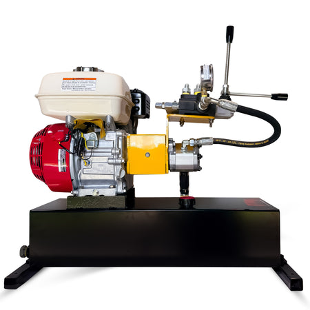 Self-contained gas-engine-driven hydraulic power unit with Honda GX200, featuring a hydraulic gear pump, control manifold, and mounted on a black steel reservoir/base.