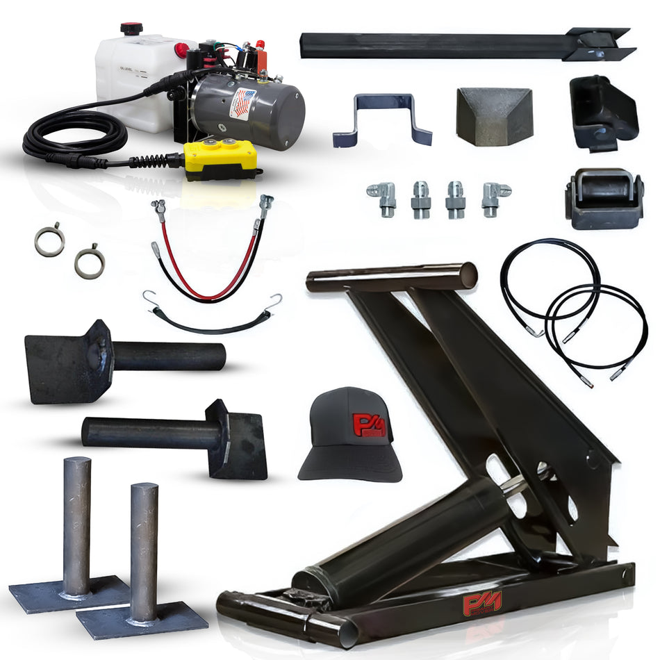 Hydraulic Scissor Hoist Kit - 10 Ton Capacity - Fits 12-16' Dump Body | PF-520. Image: Machine collage, black tool with hat, close-up of black box, sticker on barrel, red & grey logo, black cable on white surface.