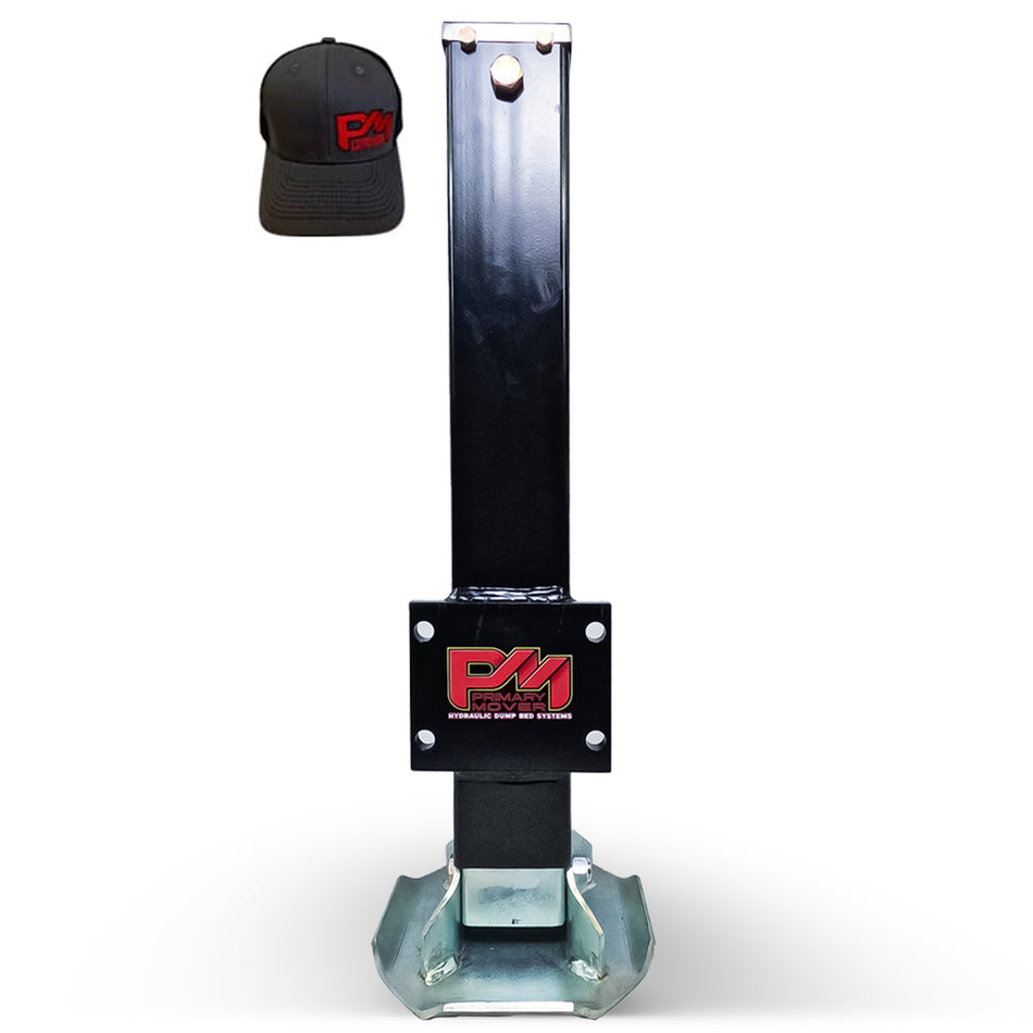 12k Hydraulic Trailer Jack Weld On or Bolt On displayed on a black metal post, showcasing its robust build and advanced hydraulic features for efficient towing.