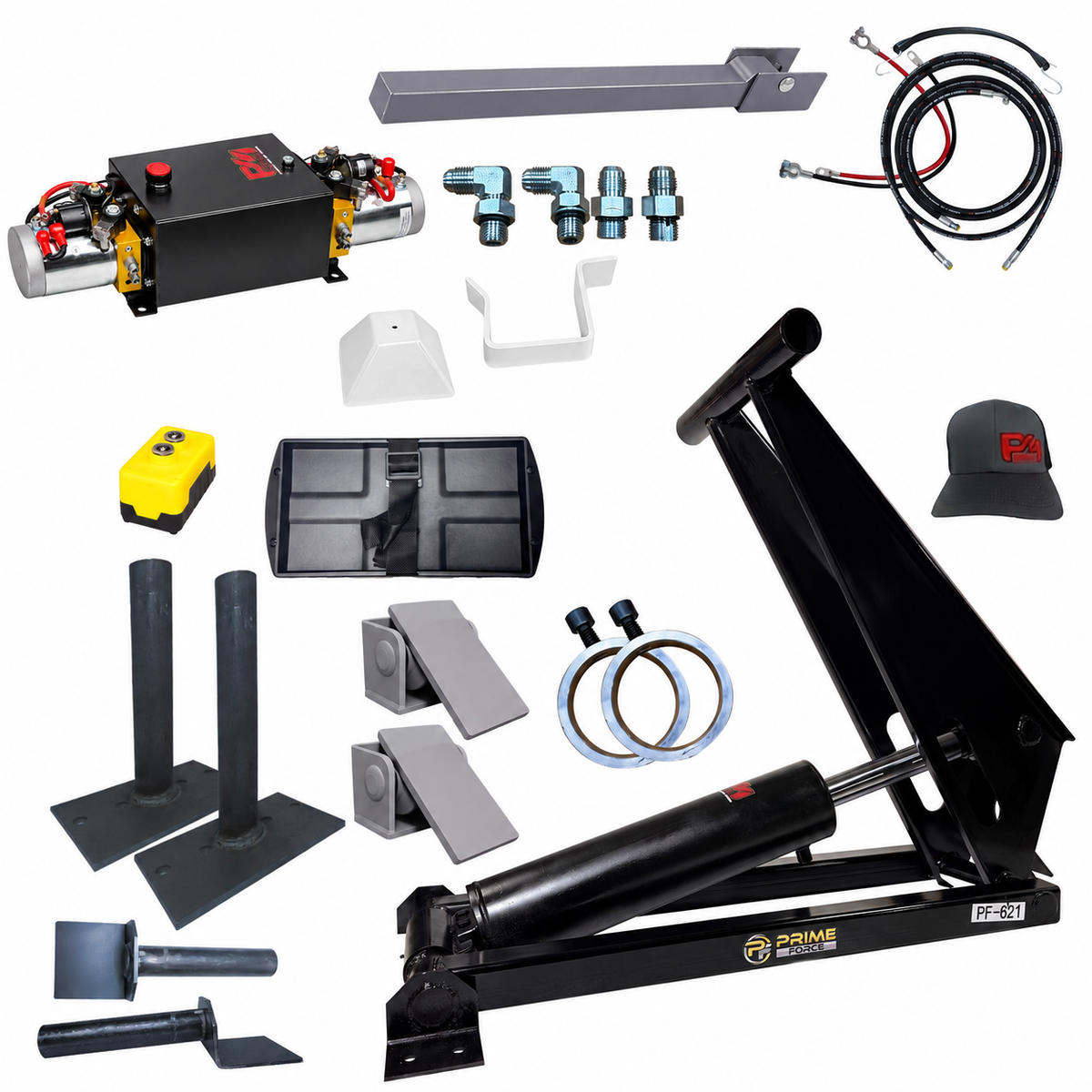 Prime Force PF-621 hydraulic dump kit components including the pump, cylinder, mounting hardware, hoses, and controller.