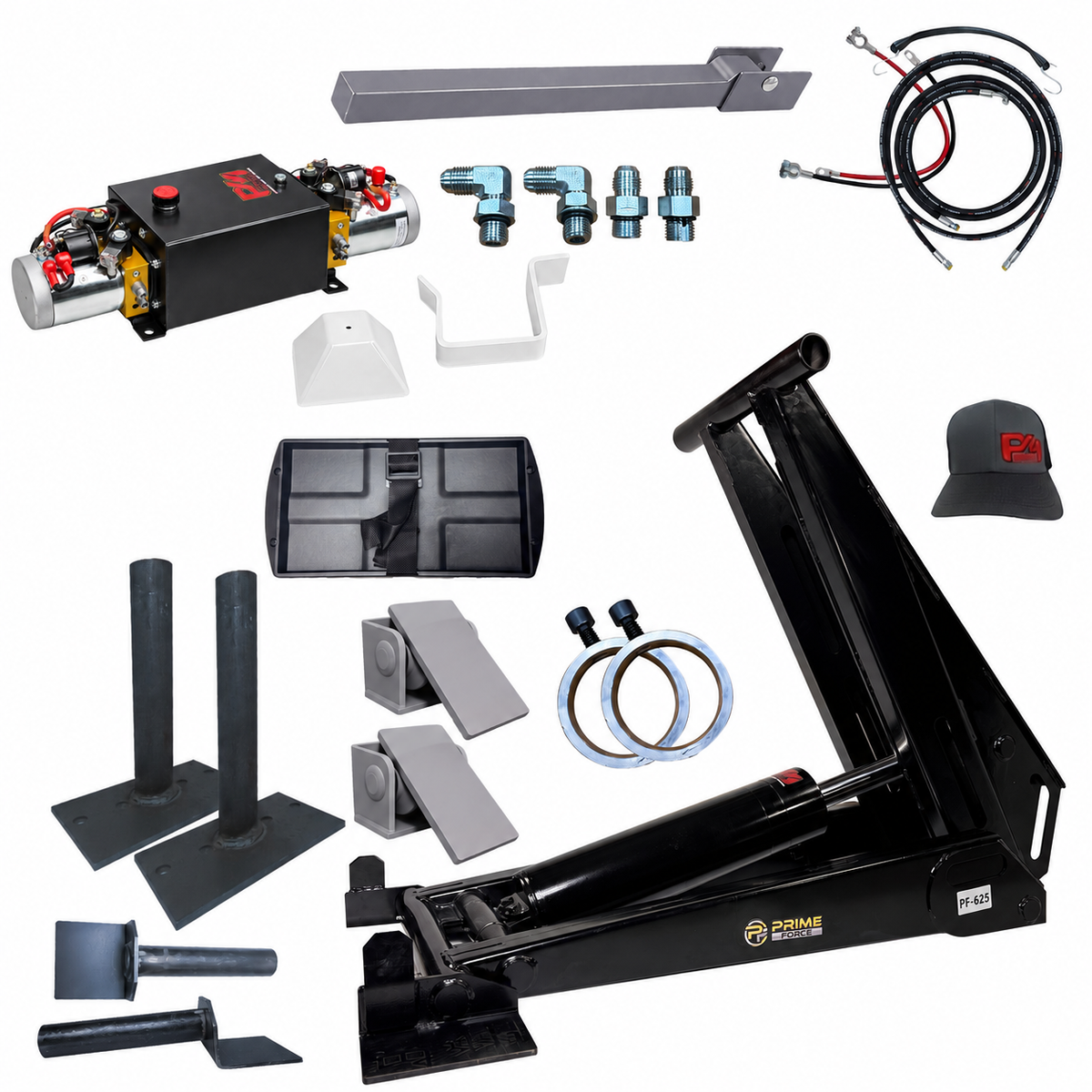 Prime Force log splitter parts including a hydraulic pump, steel beam, cylinder assembly, and various brackets and hardware.