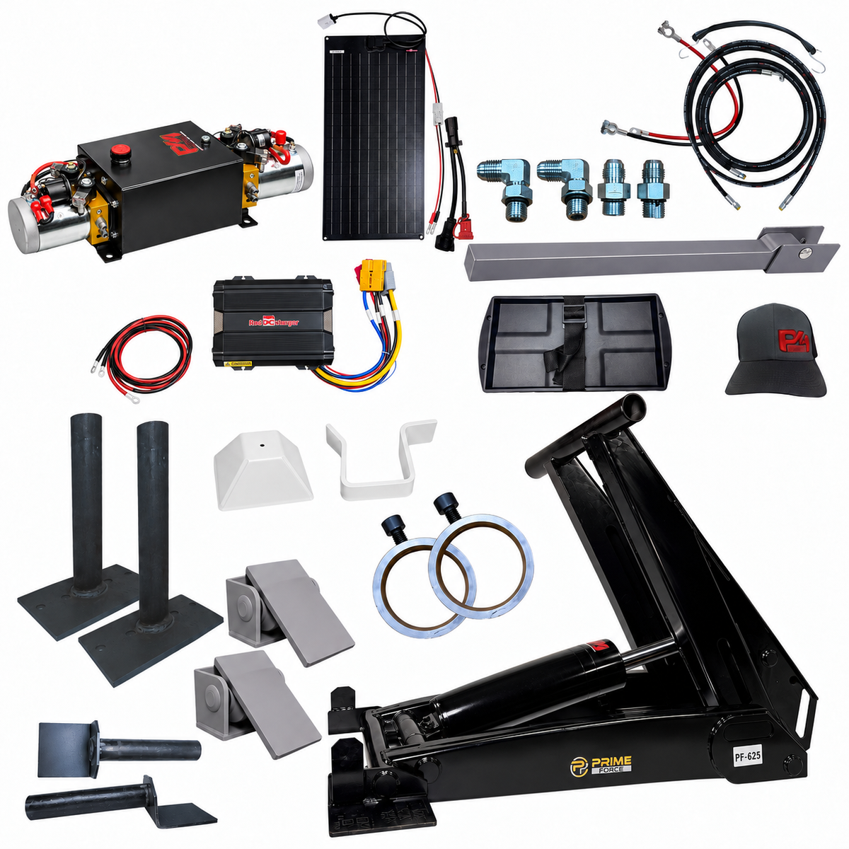 Hydraulic pump, solar panel, power controller, fittings, hoses, and mounting components for a Prime Force lift system.