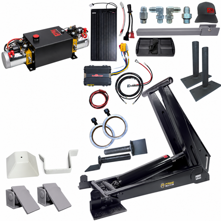 Prime Force hydraulic lift kit with a pump unit, lifting arm, solar panel, battery charger, wiring, and metal brackets and fittings.