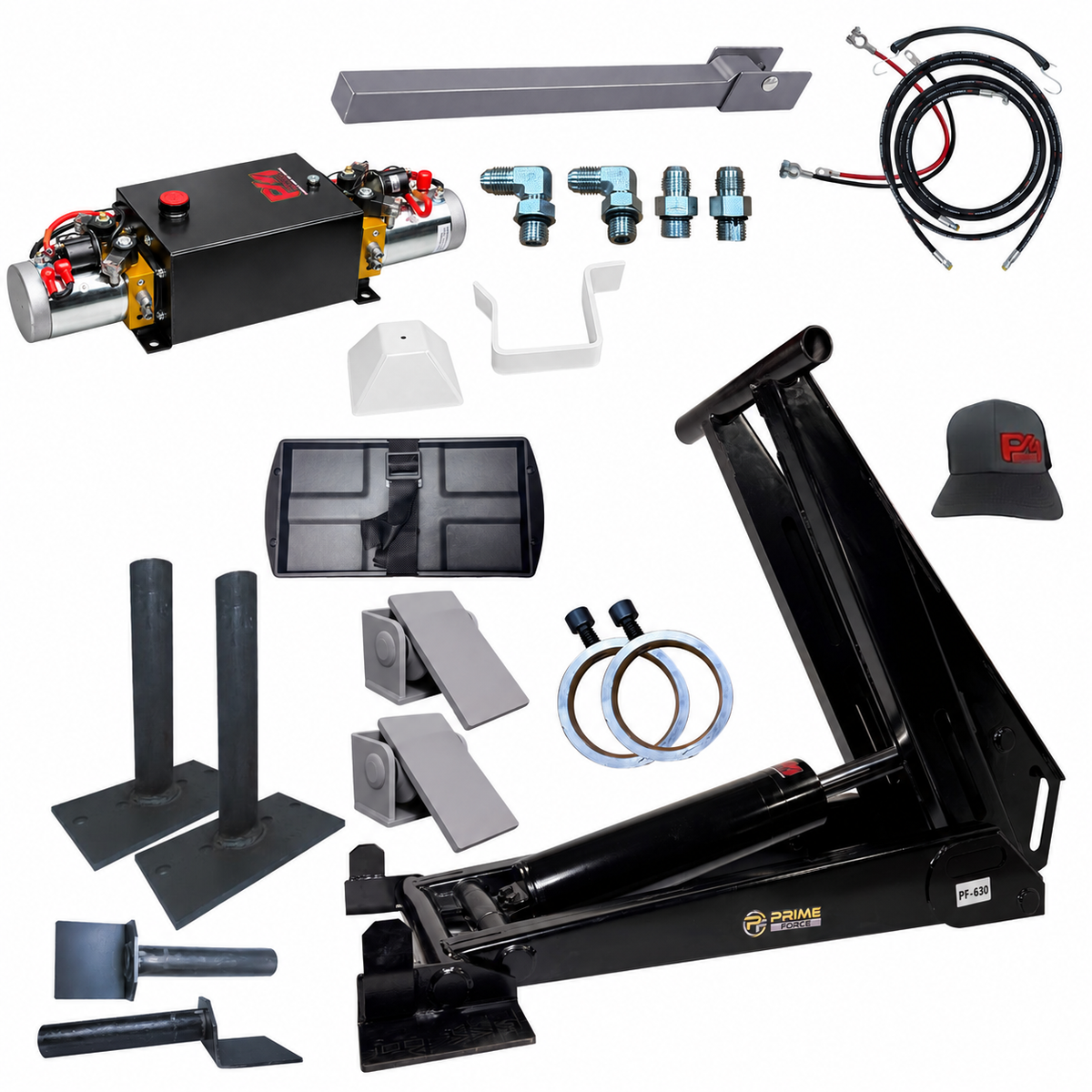 Prime Force PF-630 hydraulic log splitter kit including pump assembly, frame, hoses, fittings, stands, and hardware.