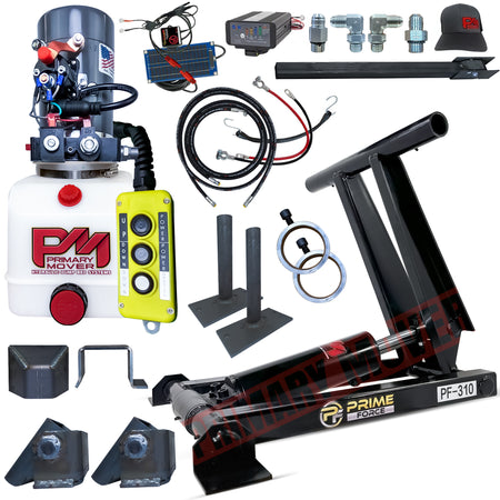 3 Ton Hydraulic Scissor Hoist Kit - PF-310, close-up of its robust cylinder and red control knob, designed for compact dump trailer installations.