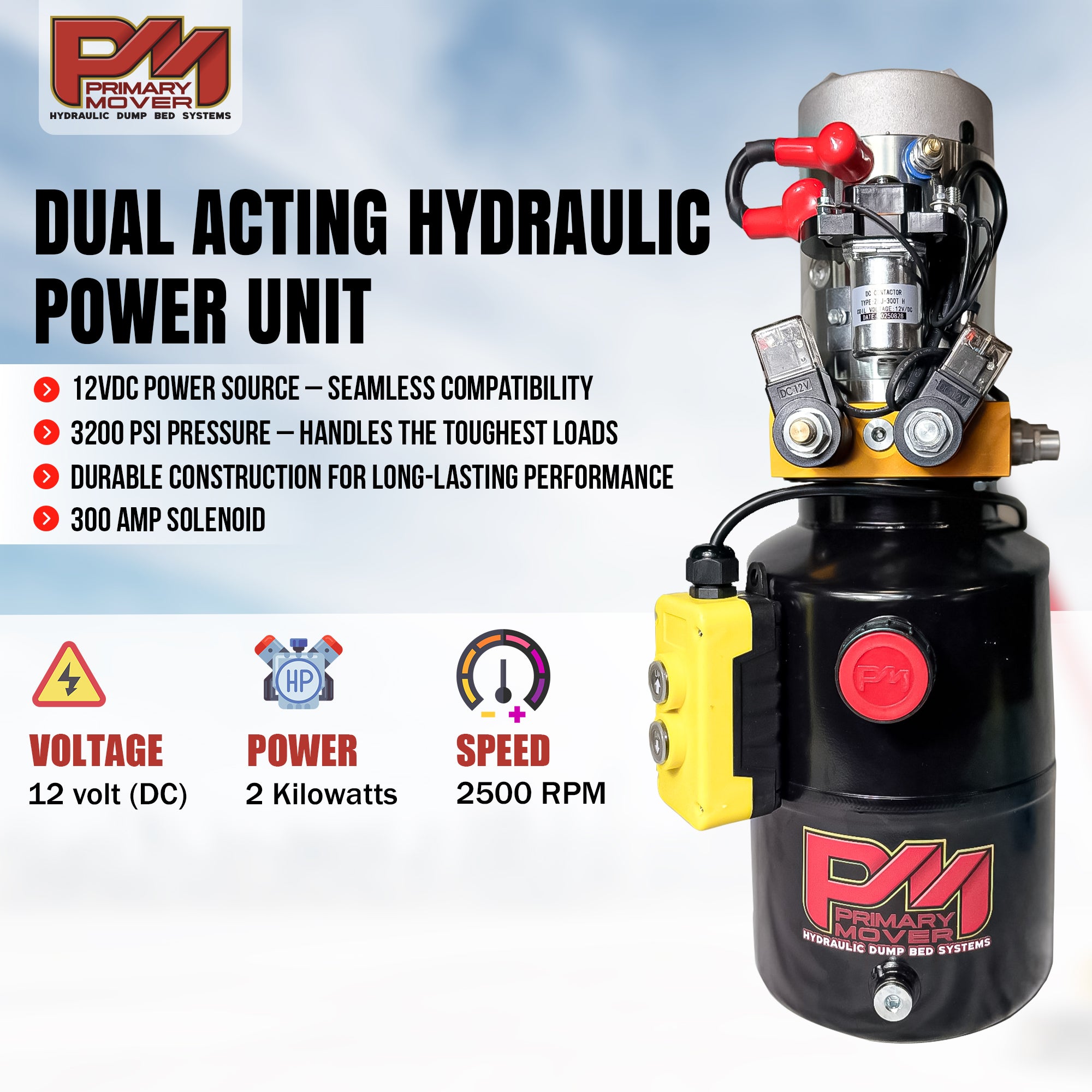 12k Single Hydraulic Trailer Jack Leg Kit for Weld On or Bolt On featuring 12 VDC power, 3,200 PSI max pressure, durable build, and 300 A solenoid.