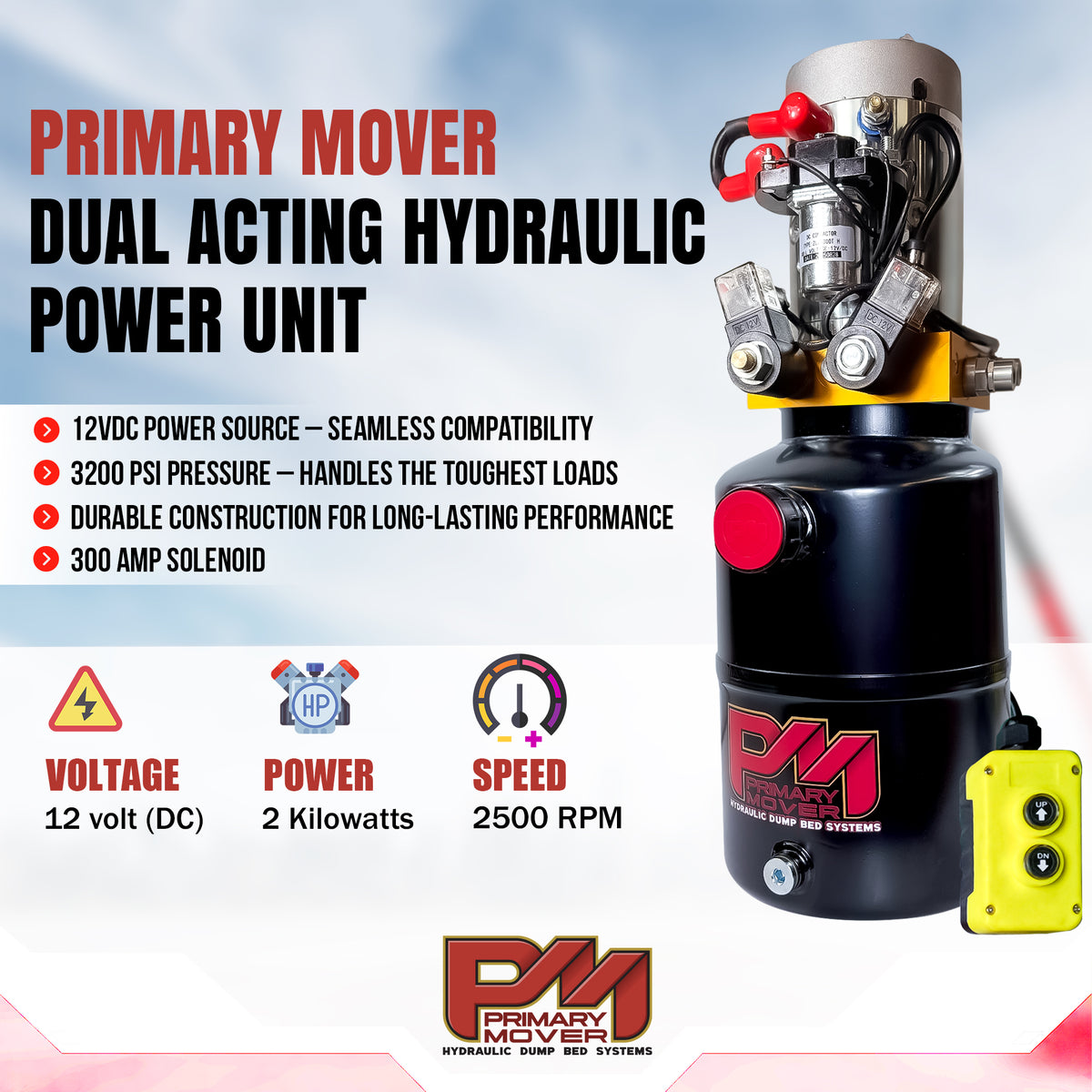 3 Ton Hydraulic Scissor Hoist Kit - Fits 8-10' Dump Body - PF-310: High-res photo of the power unit with remote control and key specifications highlighted.