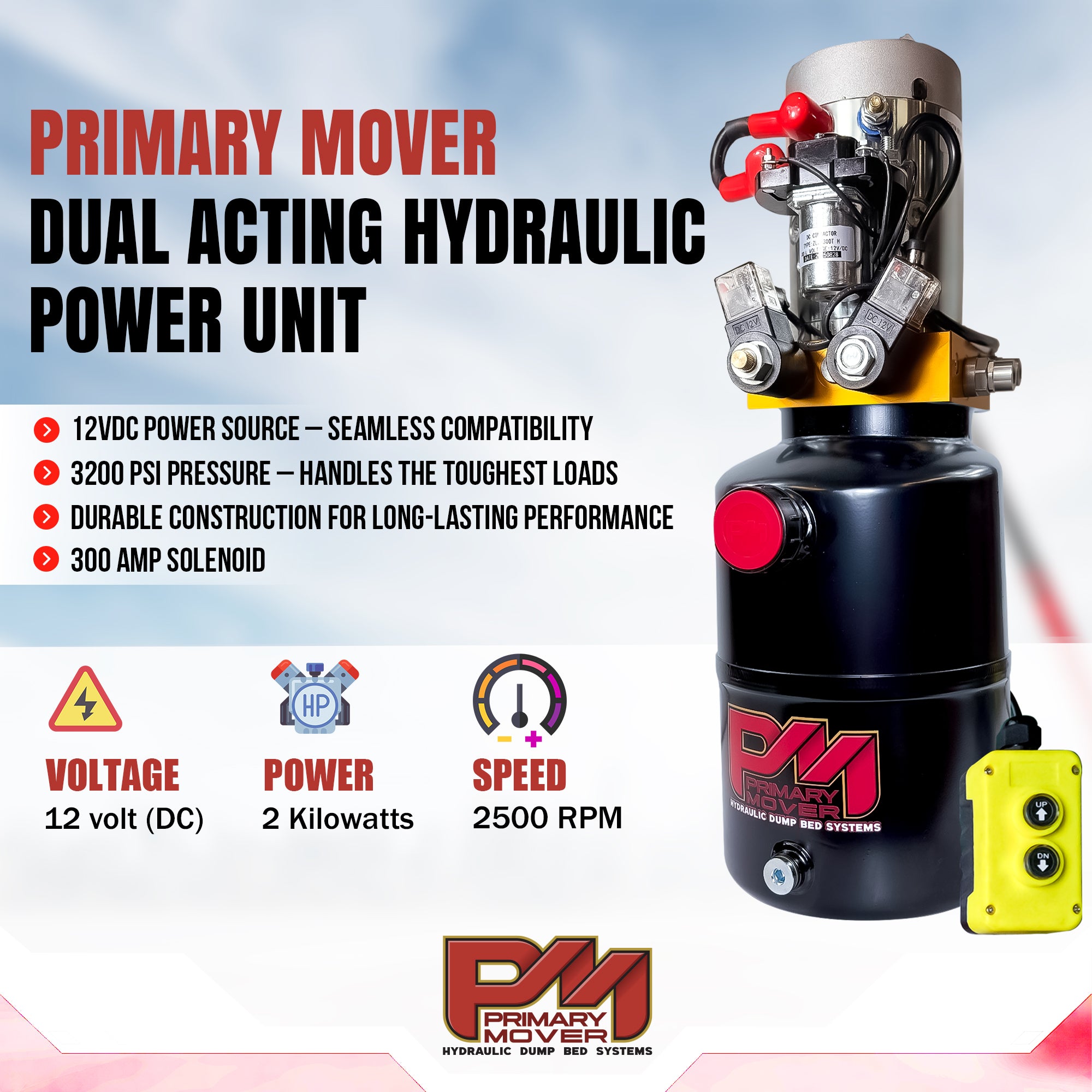 **Title:** 3 Ton Hydraulic Scissor Hoist Kit for 8-10' Dump Body - PF-310  

**Meta Description:** Discover the PF-310 Scissor Hoist Kit, ideal for 8-10' dump bodies, featuring a Primary Mover hydraulic power unit, 3-ton lift capacity, and compact design.  

**Alt Text:** Compact hydraulic power unit with specs for PF-310 Scissor Hoist Kit.