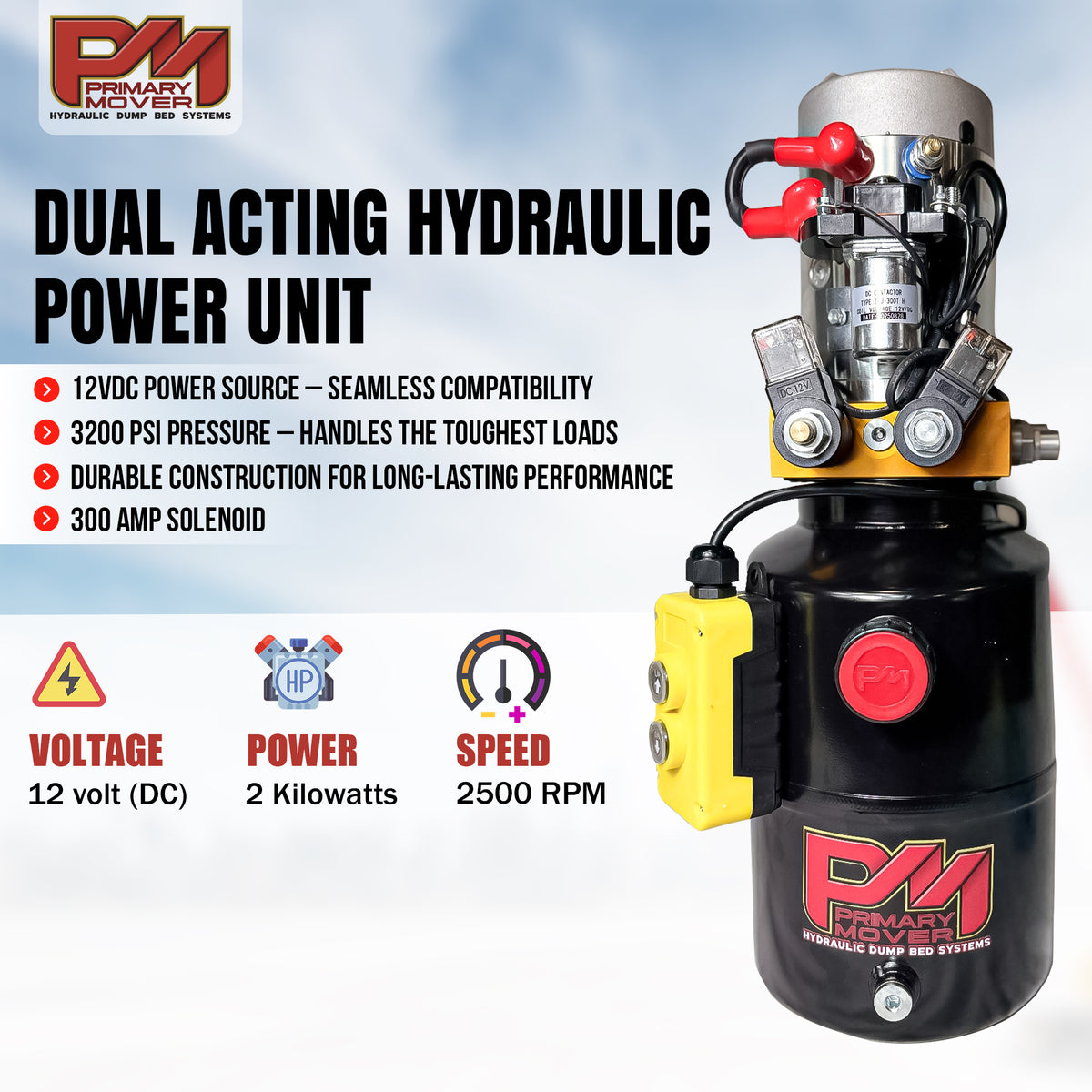 Primary Mover 12k Single Hydraulic Trailer Jack Leg Kit, featuring a durable hydraulic power unit, 12 VDC, 3,200 PSI, and 300 amp solenoid.