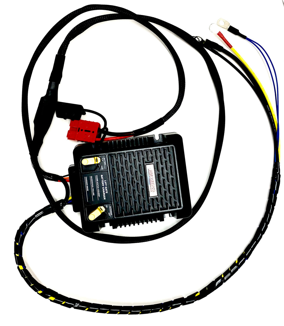 A black RoaDCharger 35 Amp DC-to-DC battery charger with wires, ideal for commercial vehicles. Charges auxiliary batteries while driving. Supports various battery types. Includes 20 wire whip.