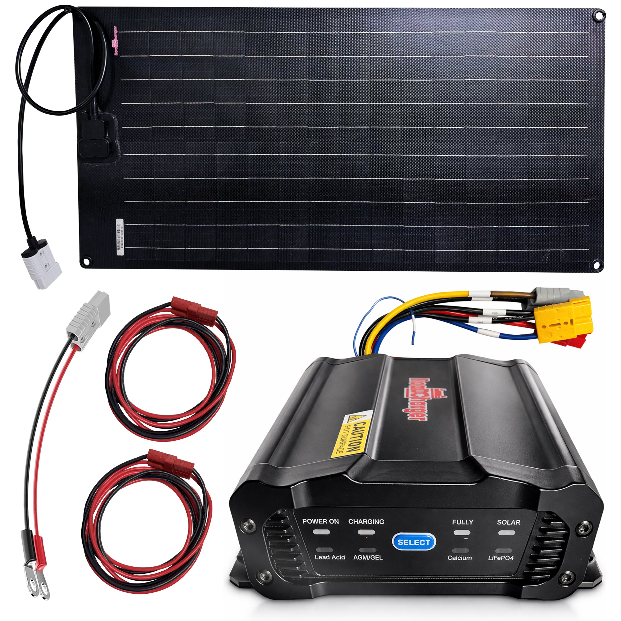 **Title:** RoaDCharger Auxiliary Battery Charger - 25 Amp with Solar Panel  

**Meta Description:** Efficiently charge auxiliary batteries on the go with the RoaDCharger, featuring a 7-way connector and 33-watt solar panel for smart charging.

**Alt Text:** Portable kit with flexible solar panel, charge controller, and wiring leads for RoaDCharger Auxiliary Battery Charger, supporting 12V systems with solar and vehicle charging.