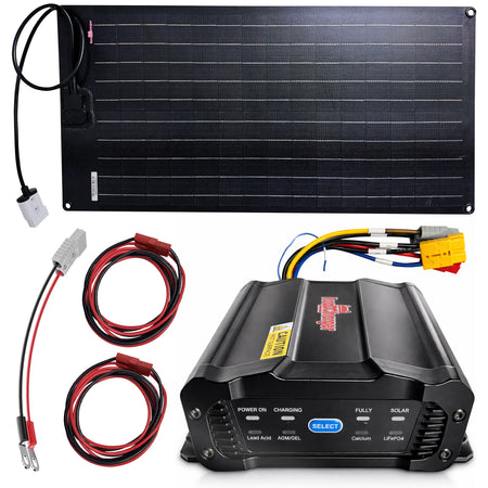 **Title:** RoaDCharger Auxiliary Battery Charger - 25 Amp with Solar Panel  

**Meta Description:** Efficiently charge auxiliary batteries on the go with the RoaDCharger, featuring a 7-way connector and 33-watt solar panel for smart charging.

**Alt Text:** Portable kit with flexible solar panel, charge controller, and wiring leads for RoaDCharger Auxiliary Battery Charger, supporting 12V systems with solar and vehicle charging.