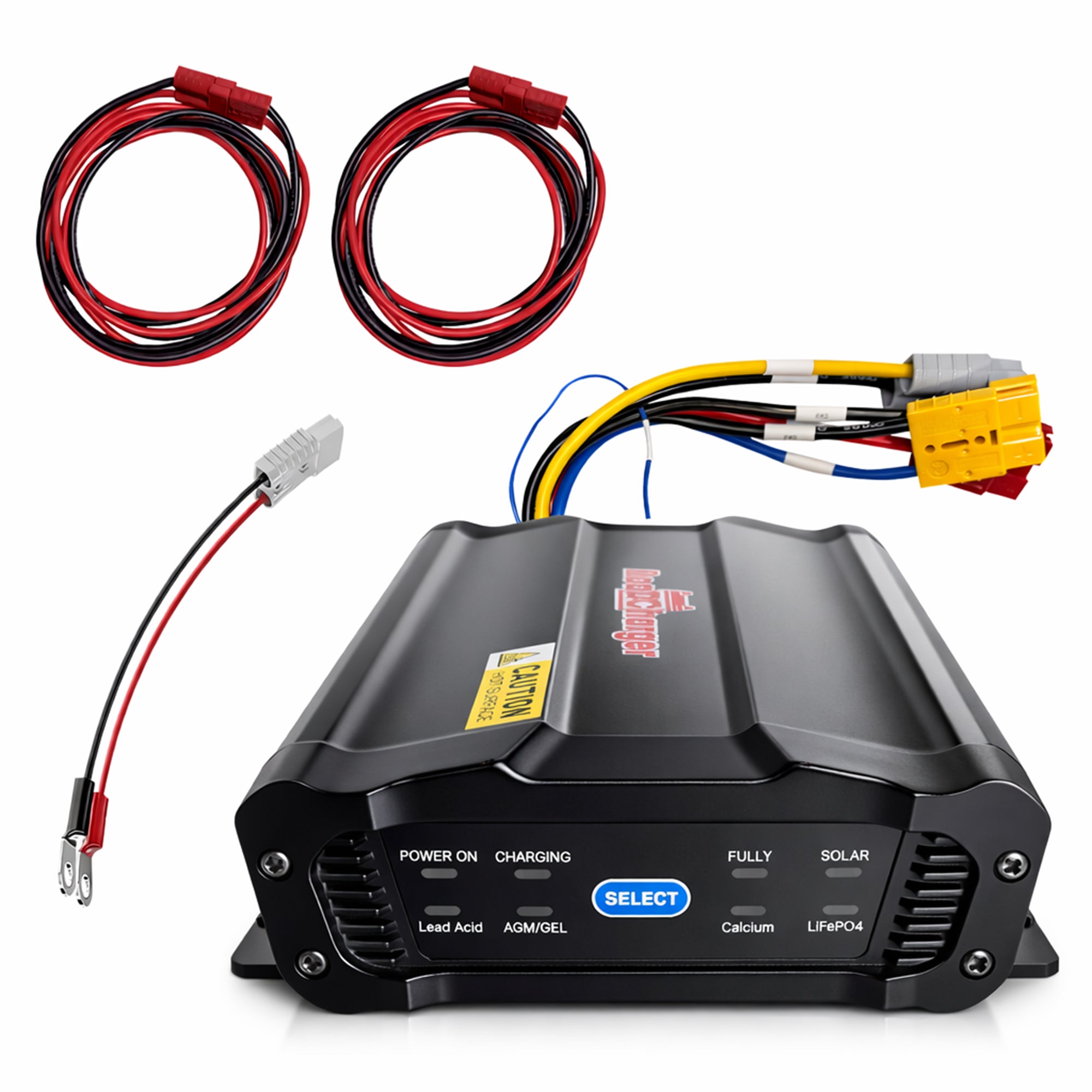 ### Title
RoADCharger Auxiliary Battery Charger with 7-Way Connector

### Meta Description
Efficient 25 Amp RoADCharger with 33-Watt Solar Panel for dump trailers. Features smart charging, solar support, and versatile installation options.

### Alt Text
RoADCharger battery charger with 7-Way Connector, LED indicators, cables, and Anderson plugs for auxiliary battery charging and solar support.